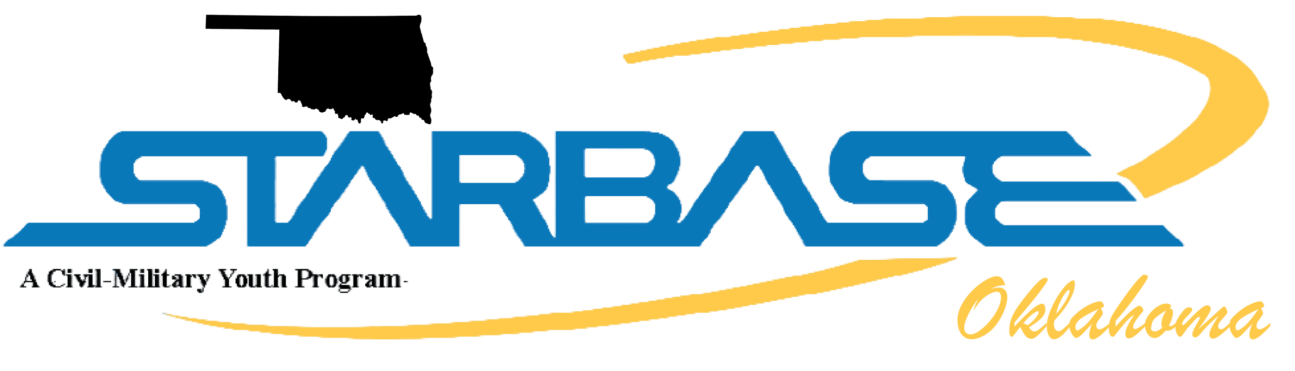 logo with the word Starbase across it with a silhouette of Oklahoma in the upper left-hand corner and a yellow swoop from above the word to below the word with the word Oklahoma in the lower right-hand corner